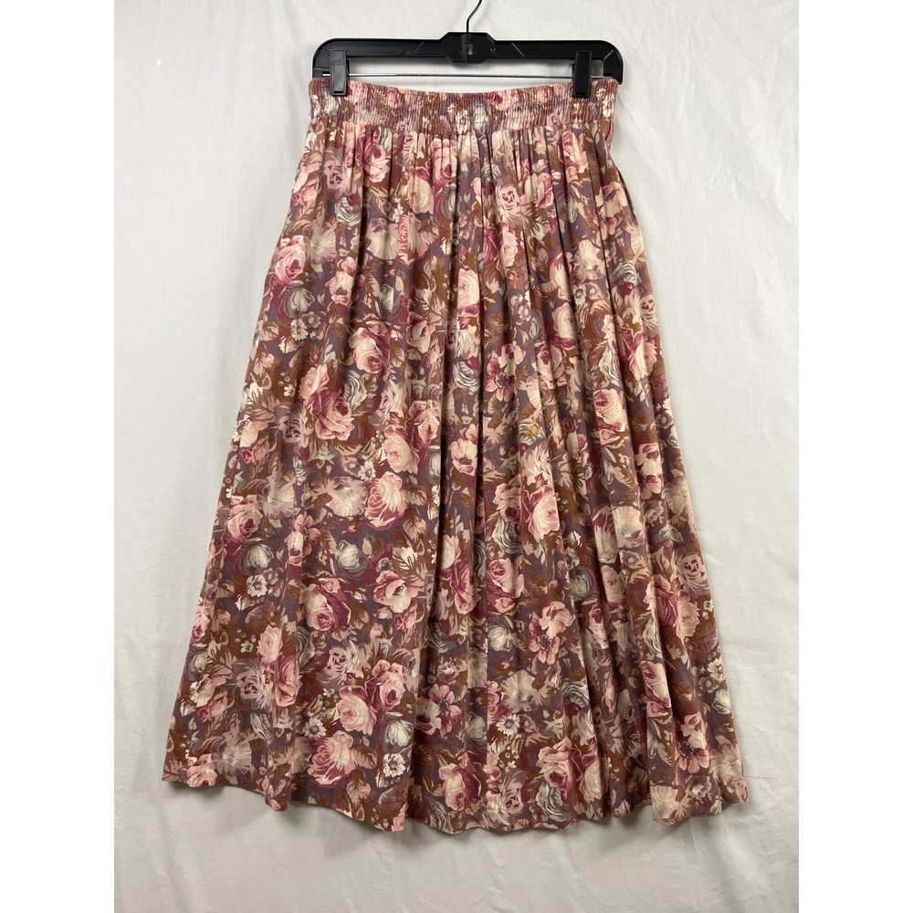 Vintage Laura Ashley Floral Midi Skirt Women Large Pink Wool Blend Cottagecore
